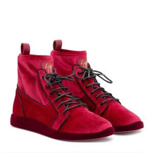 GIUSEPPE ZANOTTI Cesar Velvet High Top Sneakers Cherry Red Sz 10 $995